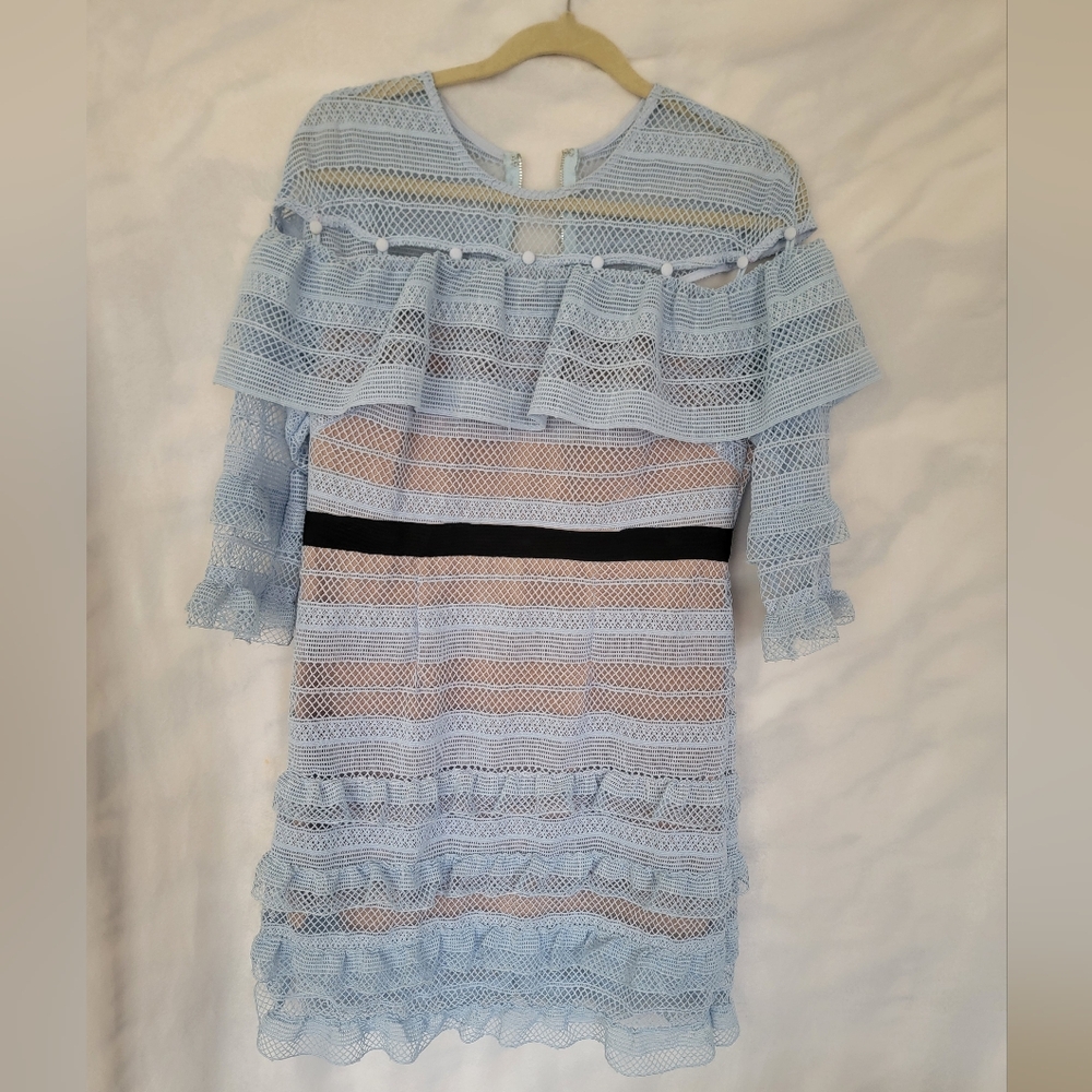 L'Atiste By Amy Blue Stripe  Mini Dress Lace Ruffled Tiered Large Self-Portrait